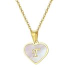 El Regalo Personalized Heart Name Initial Letters Pendant Necklaces - Stainless Steel Golden Heart Mother of Pearl Name Initials Letters Jewelry - Hypoallergenic Cursive Letters (A-Z) (T)