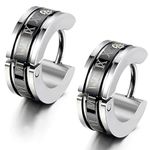 Flongo Men's Celtic Biker Stainless Steel Engraved Roman Numerals Polished Hoop Hinged Earrings, Classic Ear Plugs Huggie Earrings for Men Women, Stainless Steel