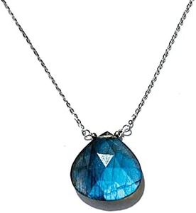Joyfulmuze Crystal Labradorite Necklace, March Birthstone Gift, Healing Chakra Protector, Sterling Silver 18 inch long, Handmade Jewelry Natural Gemstone, Simple Blue Grey Stone