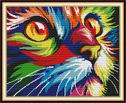 YEESAM ART Cross Stitch Kits Stamped for Adults Beginner Kids, Colorful Cat Head 11CT 50×41cm DIY Embroidery Needlework Kit with Patterns Needlepoint Christmas (Colorful)