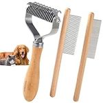 Dog Brush for Shedding Dematting, 3 Set Cat Brushes and Double Sided Undercoat Rake, Pets Grooming Kit, Ultimate Deshedding Comb with Wood Handle