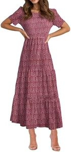 BTFBM Women Casual Short Sleeve Crew Neck Summer Dress Bohemian Floral Printed Flowy Maxi Dresses Tiered Cocktail Dress, Red, Medium