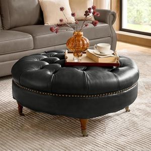HULALA HOME 40" Genuine Leather Coffee Table with Rolling Wheels, Black