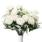 Dondeen 5 Bunches Roses Artificial Flowers, Fake Roses Silk Hydrangea Flower Bouquet, for Wedding Party Table Centerpieces Floral Arrangement Home Kitchen Decor (White)