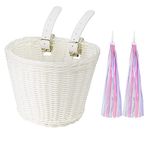 Flintronic Kids Bike Basket Handwoven Cycle Basket, Bicycle Basket Wicker Basket Girl Rattan Basket, for Scooter Tricycle Stroller with Bike Accessories Easy Install Detachable，White