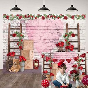 Ticuenicoa 7×5ft Red Rose Proposal Backdrop White Brick Walls Red Rose Bear Pink Heart Photography Background Bridal Shower Wedding Valentine’s Day Banner Decorations Photo Studio Props