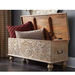 GK International Solid Wooden White Storage Trunk Carving For Living room, Bedroom, Hotel & Home, White Colour, (43.25L x 17.25W x 18H Inches)
