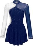 iiniim Women's Long Sleeve Figure Ice Skating Dress Shiny Rhinestone Ballet Skirted Leotard Dresses Navy Blue Small