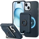 SHIELDON Genuine Leather Case for iPhone 15 Plus + Removable Magnetic Card Holder, Slim Magnetic Wireless Charging Non-Slip Ring Stand RFID Blocking Compatible with iPhone 15 Plus 6.7" - Navy Blue