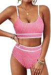 BMJL Women's Tummy Control Swimsuits Ribbed Two Piece Bikini Sets High Waisted Spaghetti Straps Bathing Suit(M,Red Plaid)