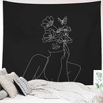 Miytal Art Line Aesthetic Tapestry, Simple Women with Flower Butterfly Wall Hanging, Modern Minimalist Abstract Creative Sketch Wall Décor for Dorm Bedroom Office – 51.2" x 59.1” - Black