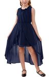 GORLYA Girls Sleeveless Ruffle Neck Hi-Lo Hem Overlay Formal Occasin Chiffon Long Party Dress 4-14T(GOR1154,10Y,Navy)