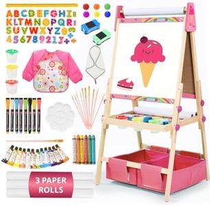 Art Easel for Kids with 3 Paper Roll, Magnetic Whiteboard and Chalkboard,Adjustable Standing Wooden Toddler Easel for Painting Double Sided,3in1 Painting Easel for Kids 2-4 4-8 Boys Girls Gift Pink