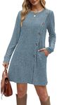 Aokosor Jumper Dress Women Dresses for Women UK Elegant Button Front Slit Tunic Dresses with Pockets Jumper Dress Blue Size 10-12