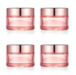 Furnido 4 Pack,1 oz/30ml Pink Glass Face Cream Jar Pot,Empty Thick Glass Cosmetic Cream Jar Container With Rose-Golden Cover,Inner Liners for Moisturizer,Eyeshadow,Makeup Emulsion