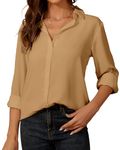 Women's Button-Down Shirts Long Sleeve Collar Tops Lady Work Office Chiffon Blouse, khaki, XL