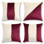 JOTOM Velvet Cushion Covers 45x45 cm Cozy Decorative Throw Pillow Case Patchwork Gold Leather Striped Luxury Modern Square Pillow Cover for Couch Bedroom Living Room Sofa Car Decor Set of 4 (Burgundy)