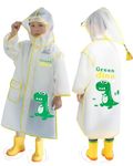 Raincoat for Kids, Transparent Dinosaur Print Kids Raincoat for Boys Girls, Waterproof Raincoat Jacket Suit with Hood & Visor, Plastic Raincoat for Young Lil Toddler Tween School Boys Girls 3-12