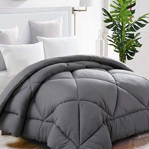 TEKAMON All Season Queen Comforter Winter Warm Summer Soft Quilted Down Alternative Duvet Insert Corner Tabs,Machine Washable Luxury Fluffy Reversible Collection for Hotel,Charcoal Grey