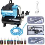 Master Airbrush Cool Runner Dual Fan Air Compressor with Storage Tank - Professional Airbrushing System Kit with 3 Airbrushes Gravity & Siphon Feed, 6 Primary Opaque Colors Acrylic Paint Art Set