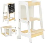 Youyijia 3-in-1 Toddler Learning Tower Kids Step Stool & Mini Desk with Safety Rail, Toddler Steps Stool with Black & Whiteboard for Kitchen Counter, Mothers' Helper (White)
