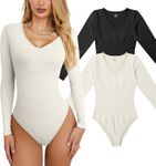 OQQ Women's 2 Piece Bodysuits Sexy Ribbed T Shirt One Piece V Neck Long Sleeve Bodysuits Black Beige