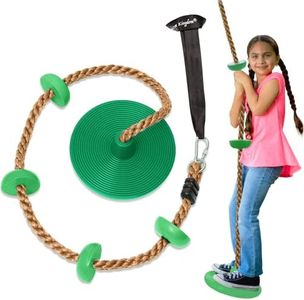 Jungle Gym Kingdom Tree Swing for Kids - Single Disc Seat and Brown Climbing Rope Set w/Carabiner and 4 Foot Strap - Treehouse and Outdoor Playground Accessories - Green