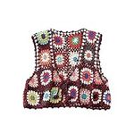 Women's Floral Crochet Crop Vest Waistcoat Sleeveless Open Front Knit Hollow Tie Up Cardigan Boho Embroidered Knit Vest Tops (Wine Red, One Size)