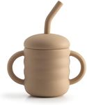 SASSIE KIDZ Cute 2-1 Silicone Straw Sippy Cup with Stopper - 5.4 OZ Spill-proof Sippy Cups for Baby 6+ Months w/ Dbl Handles, Grooved Body & Angled Straw for Fun & Safe Drinking - Includes Cleaning Brush - Beige