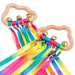 2PCS Sensory Wooden Ring Baby Toys - Babies Rainbow Ribbon Rattle Toy Educational Toddler Play Toy with Bells