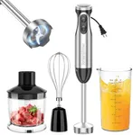 Immersion Handheld Blender, Bonsenkitchen Stainless Steel Hand Stick Blender, 20-Speed and Turbo, 4-In-1 Hand Blender with Egg Whisk, 24oz Beaker & 17oz Chopper Bowl for Smoothies, Puree, Baby Food