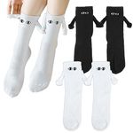 2 Pairs White Black Hand in Hand Socks, Funny Cotton Magnetic Suction 3D Doll Couple Friendship Holding Hands Socks Novelty Cute Mid Tube Sports Socks with S-miley Face Special Gifts for Women Men