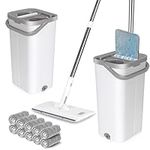 Almcmy Flat Floor Mop and Bucket Set with Extra 9 Microfiber Mop Pads, Squeeze Mop and Bucket with Wringer Set, Wet and Dry Use, Hands Free Floor Cleaning System for Hardwood, Laminate, Tile