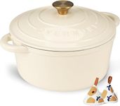 Overmont 5L Enamelled Cast Iron Round Casserole Pot With Lid Cookbook & Cotton Potholders - Non-stick Dutch Oven Cookware for Braising, Stews, Roasting, Bread Baking - White, 26cm