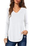 Florboom Womens T Shirts Casual Loose Long Sleeve V Neck Basic Tops Longline Plain Tunic Shirts White Size 18 20