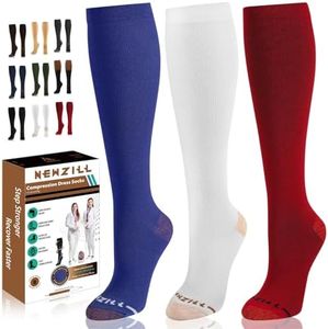 NEWZILL 3 Pairs Copper Compression Socks for Women & Men 15-20mmHg Cotton Rich Odor Control Stocking for Business Casual Running Medical Athletic Support, Edema Diabetic Relief White Purple Red XXL