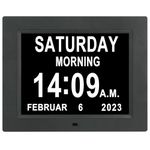 Extra Large Digital Calendar Day Date Time of Week Clock Non-Abbreviated Day & Month 12 Alarm Options Perfect for Seniors Elderly with Dementia Impaired Vision Memory Loss Clocks (8 Inch Black)