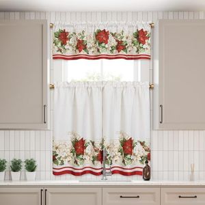 Red and White Poinsettia Elegant Holiday Christmas Kitchen/Café and Bath Tiers and Valance, 3 Piece Set