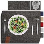 Sølmo Premium Felt Placemats Set of 6 Gray Washable, Placemat 16x13 inch Wipeable, Felt Coasters Place Mats Coasters Plates + Glass Coasters, Suitable for Wooden Tables, Dark Stone.