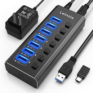 Powered USB Hub 3.0, Leinsis 7-Port USB 3.0 Hub [Durable Aluminum] 7 Data Transfer Ports+ 4 Smart Charging Ports with Individual On/Off Switches, USB Hub 3.0 Powered with Power Adapter for Laptop PC