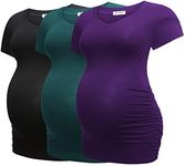 Bearsland Womens Maternity 3 Packs Tshirt Modal Classic Side Ruched Tee Top Mama Pregnancy Clothes,Black+Green+Purple,XXL