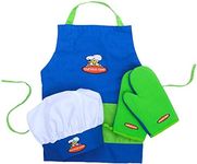 Curious Chef 4-Piece Child Textile Set for Kids and Toddlers, Blue and Green Child-Sized Apron, Oven Mitts and Chef’s Hat, Real Kitchen Wear Cooking Kit