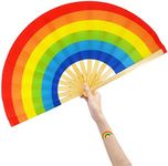 Amajiji Large Folding Fan, Chinease/Japanese Bamboo and Nylon-Cloth Folding Hand Fan, Hand Folding Fans for Women/Men, Hand Fan Festival Fan Gift Fan Craft Fan Folding Fan Dance Fan (Rainbow)