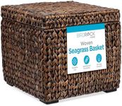 BIRDROCK HOME Seagrass Storage Cube Box with Lid - Decorative Seagrass Basket, Hand Woven Storage Basket for Blankets, Pillows, and More, Sturdy Metal Frame, Woven Organizer - Brown Wash