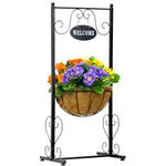 Sorbus Welcome Planter Basket Stand with Coco Liner, Stylish Flower, Plant, and Outdoor Décor for Home, Garden, Patio, Deck, Black Metal