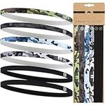 Elastic Thin Sports Headbands - Athletic Non Slip Skinny Headbands for Women Men Boys Girls Kids- 6-Pack Silicone Grip Hairband Mini Sweat Band, Great for Workouts (2 Black / 4 Camo)