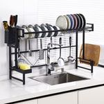 U2PICK Over Sink Drainer Rack- Length Adjustable (58 to 96 cm) Dish Drainer Rack with Multiple Baskets, Utensil Sponge Holder, Hooks, Space Saving Kitchen Counter Shelf Organiser, Black