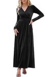 OUGES Womens Long Sleeve Wrap V Neck Velvet Dress Party Holiday Wedding Guest Maxi Dress(Velvet Black,XL)