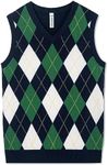 BOBOYOYO Boys Argyle Sweater Vest 100% Cotton V-Neck Vest Kids Uniform Sleeveless Sweaters for Children 5-12Y, Green & Navy, 5-6 Years