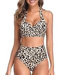 Tempt Me Women Bikini Top Push Up Swim Top Halter Retro Bathing Suit Top Padded Swimsuit Top Only, Leopard 1, Large